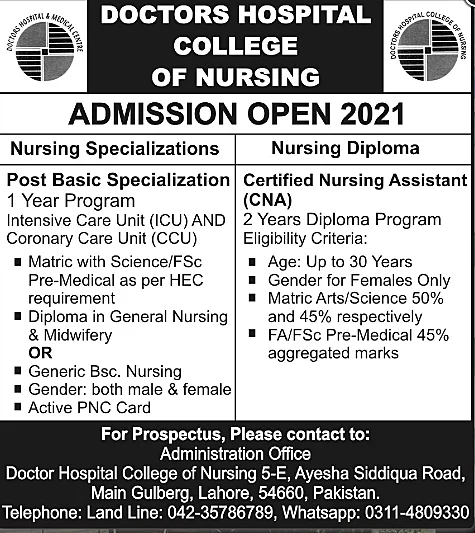 Doctors Hospital Nursing College Admission 2022-2023