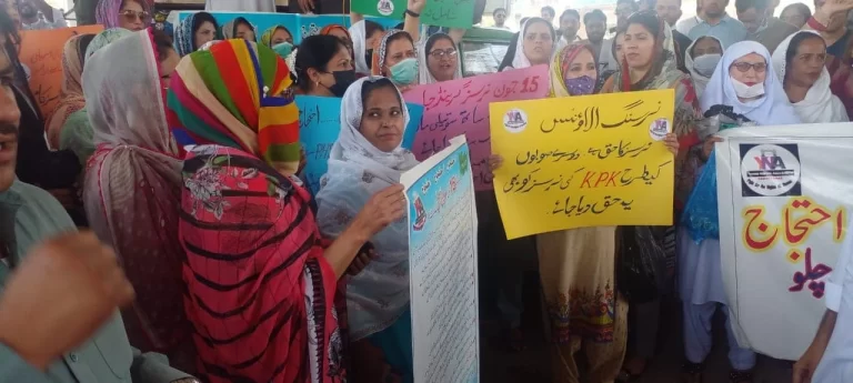 Young Nurses Association (YNA) Protests in District Peshawar while Blocking the Roads
